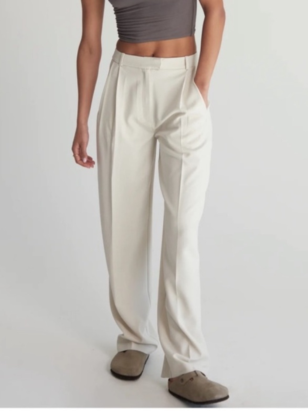 RE ONA Revolve The Bobbi Pleated Trouser High-Waist Cream Pant